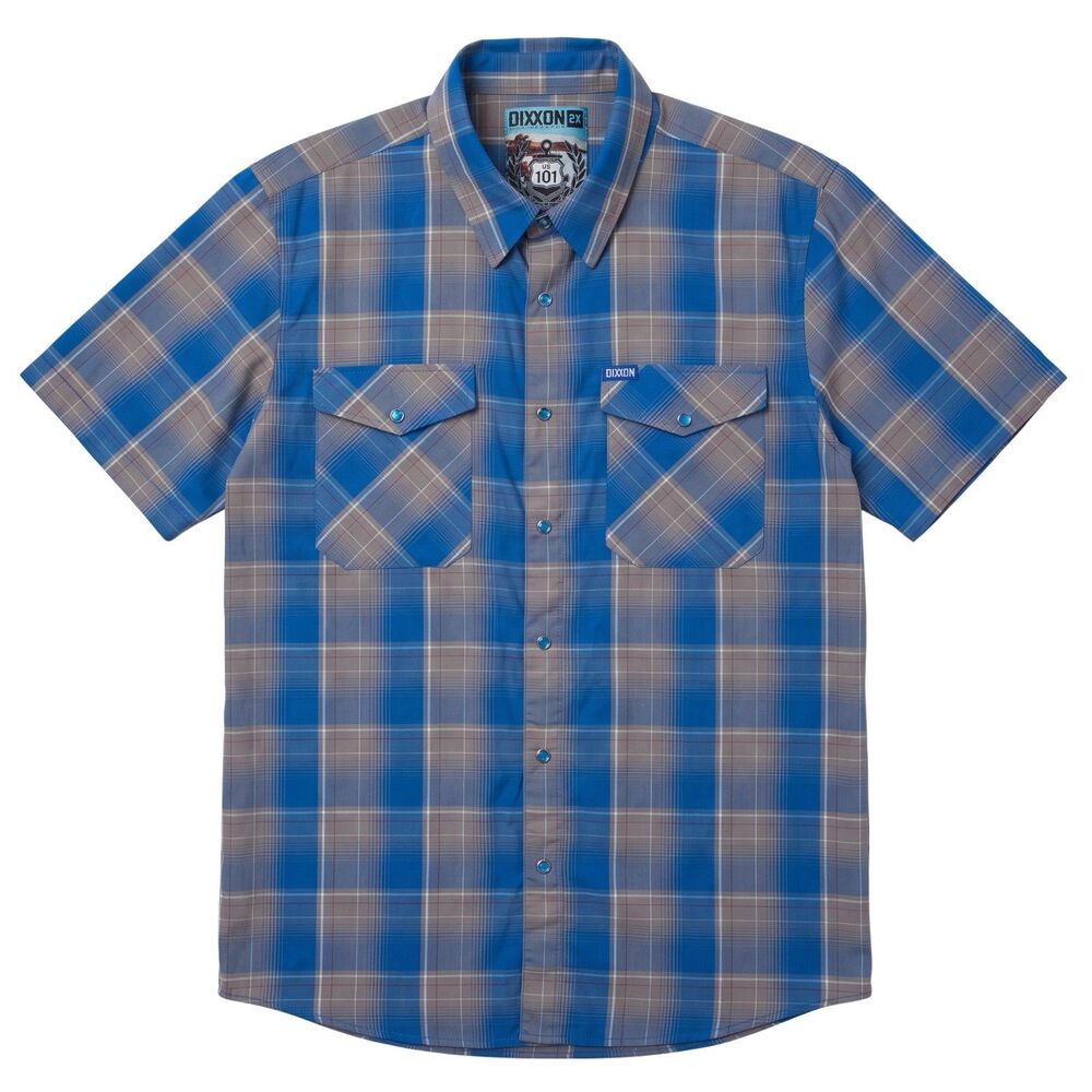 Dixxon Short Sleeved Bamboo Shirt Mens Size 2X Blue Plaid Highway 101 Pearl Snap